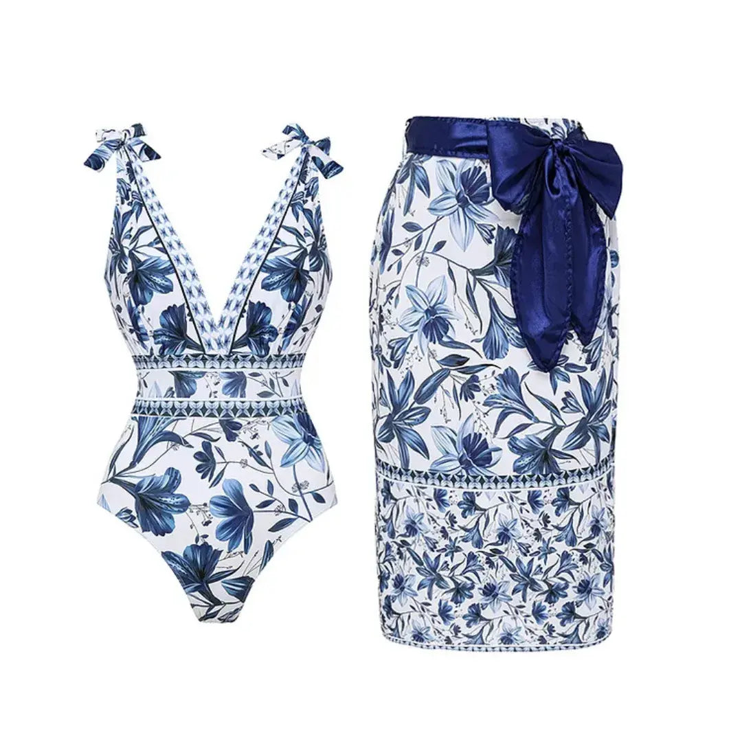 Elegance Blue Floral Swimsuit and Skirt